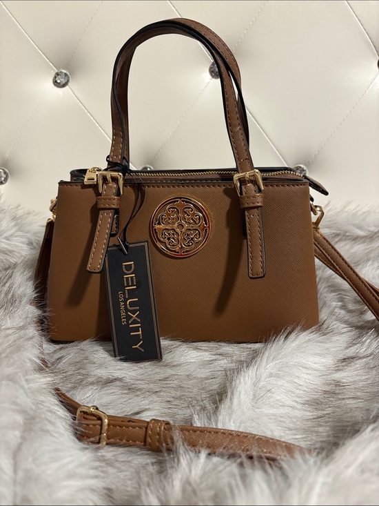 Deluxity Handbags - DE LUXITY Tan Mini Satchel with Gold Medallion